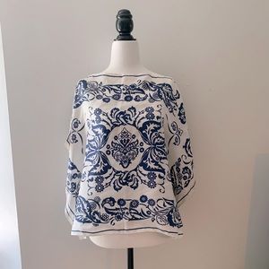 Beautiful 100% silk floral scarf poncho blouse white and navy blue